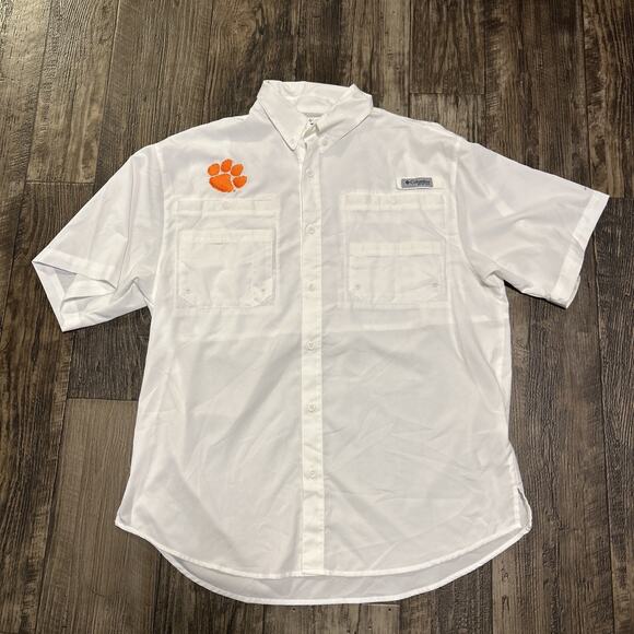 Columbia Clemson PFG Button Up Short Sleeve White Medium Mens Shirt Omni Shade - Picture 1 of 8
